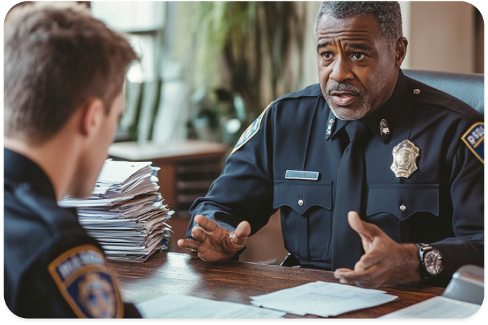 A police officer converses with a man seated at a desk in an office setting.