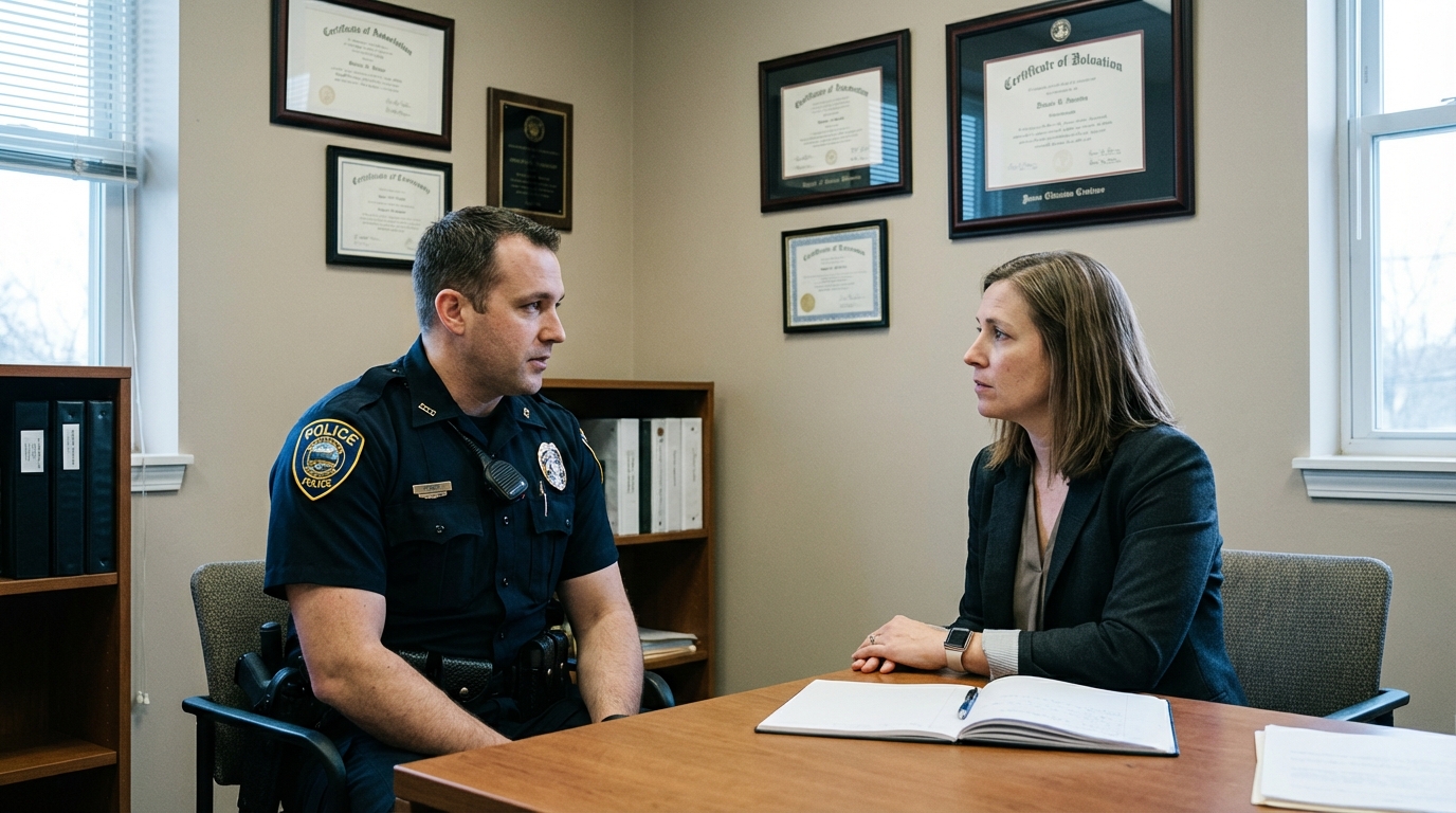 A police officer converses with a woman in an office setting
