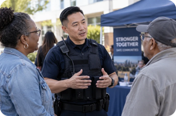 Police officer speaks with two community members at an outdoor event