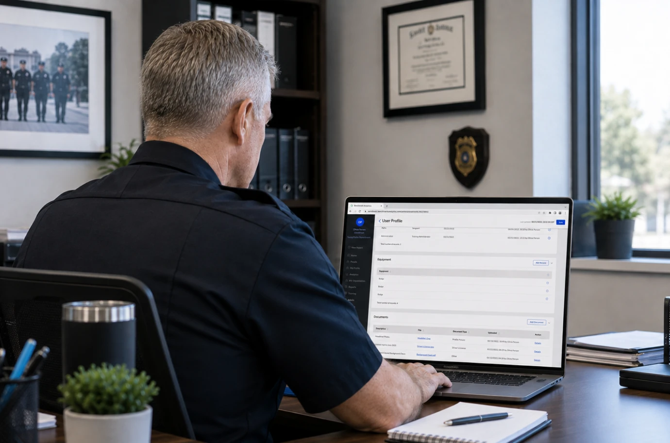 police officer reviewing case management software