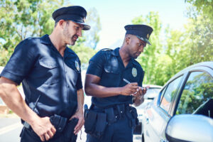 Two law enforcement officers doing field training during the day